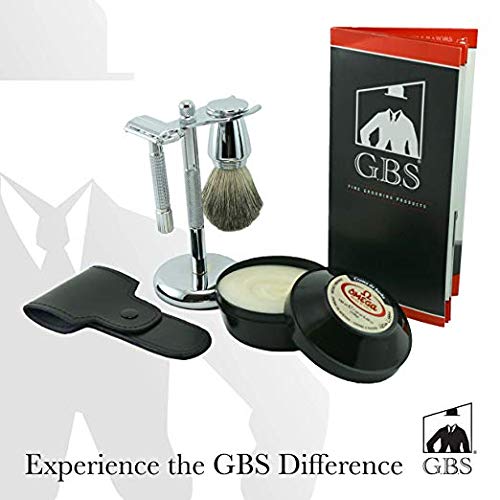 GBS مجموعة الحلاقة الرطبة للرجال من GBS - مجموعة عطلة أنيقة مع ماكينة حلاقة أمان DE مزودة بمقبض مضاد للانزلاق وحقيبة، كريم أوميغا، شفرات، فرشاة حلاقة وحامل ماكينة الحلاقة - Image 2