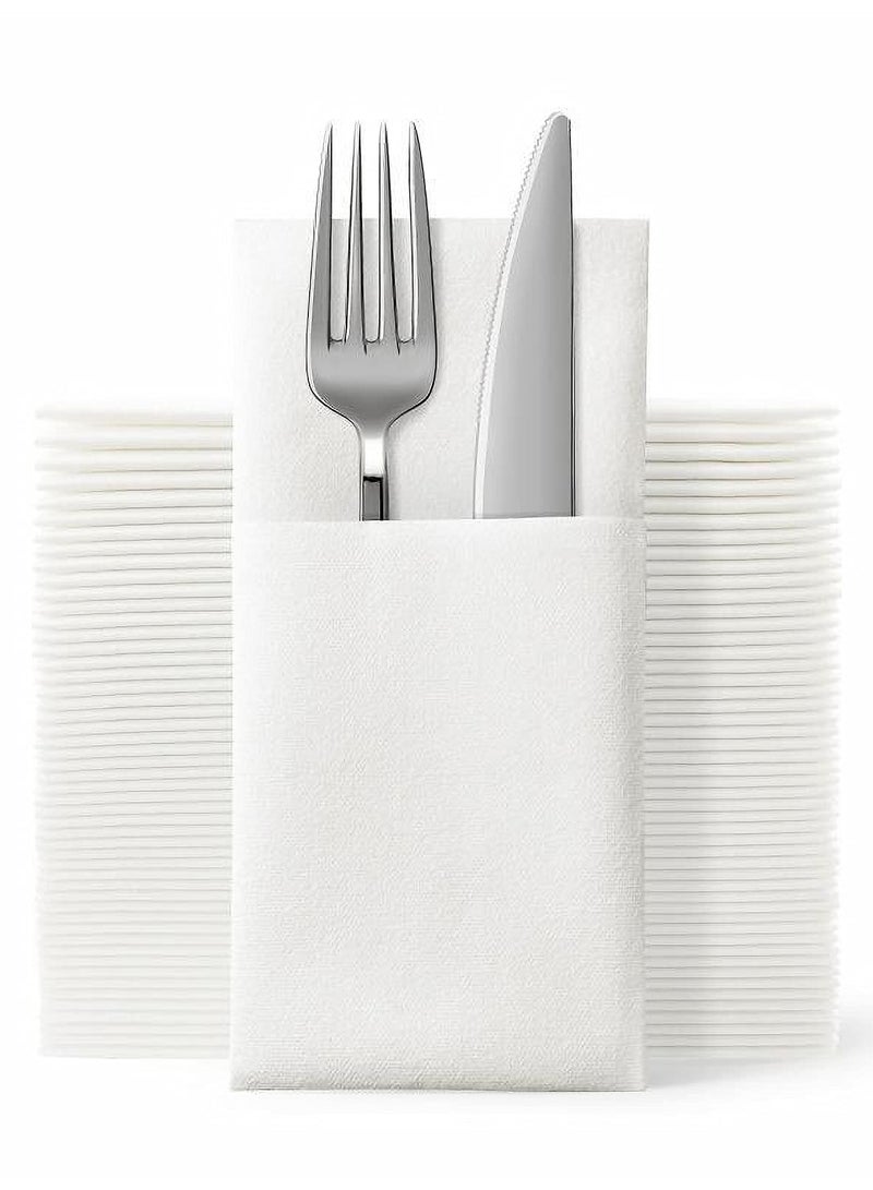 XiuWoo 150 Pack Disposable Cloth Like Napkins, Built-in Flatware Pocket, Wedding Party Linen Feel White Napkin, Prefolded for Silverware, white - Image 1