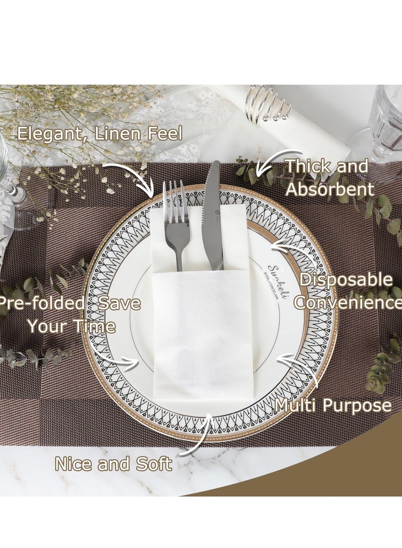 XiuWoo 150 Pack Disposable Cloth Like Napkins, Built-in Flatware Pocket, Wedding Party Linen Feel White Napkin, Prefolded for Silverware, white - Image 2