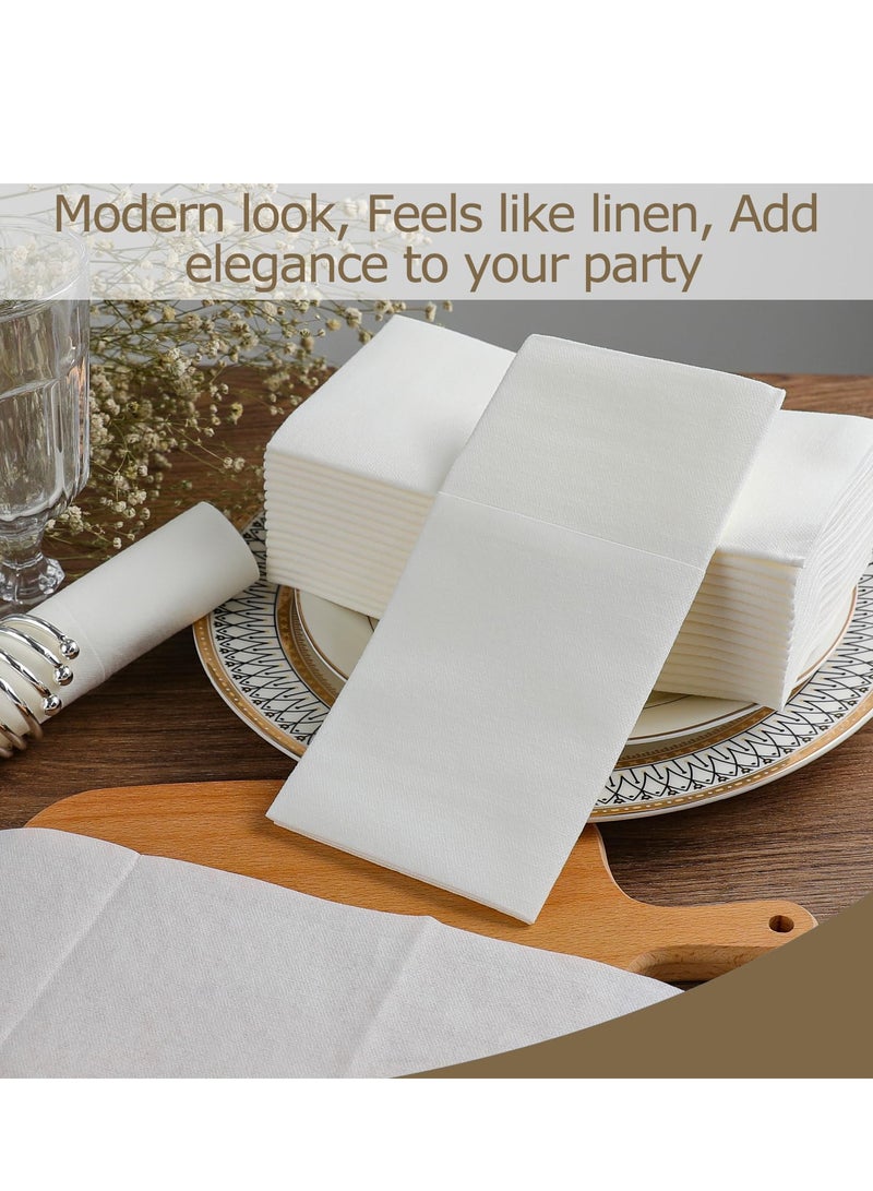 XiuWoo 150 Pack Disposable Cloth Like Napkins, Built-in Flatware Pocket, Wedding Party Linen Feel White Napkin, Prefolded for Silverware, white - Image 5