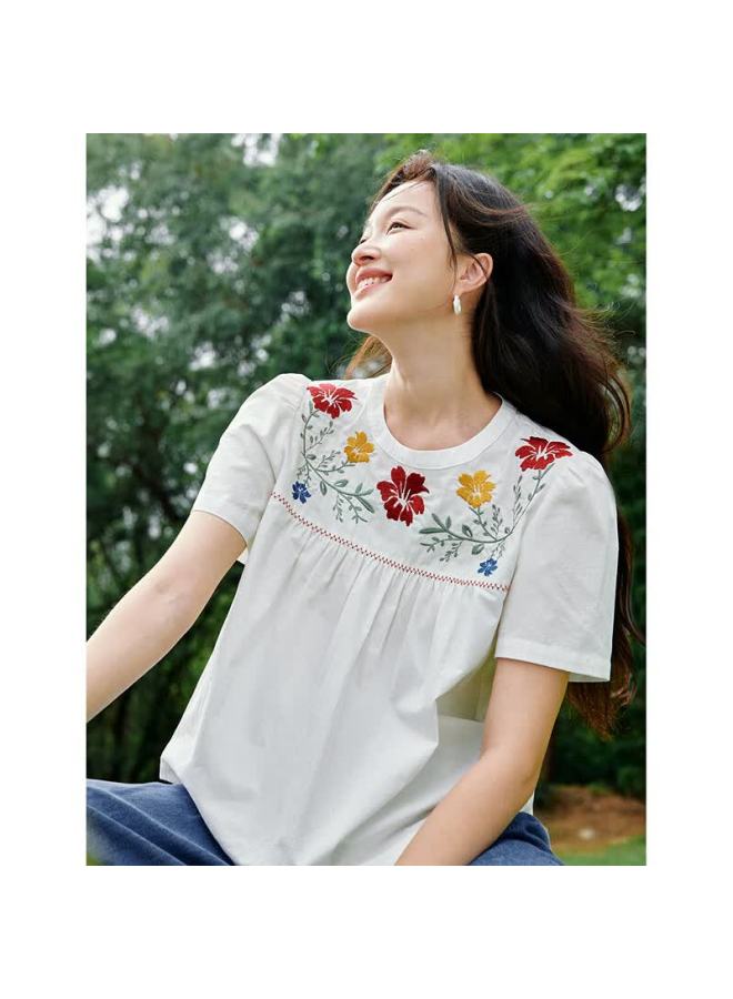 Inman Sweet Floral Embroidered Shirt Summer New Women's Light Wear Short Sleeve Doll Shirt Cloud White L - Image 1