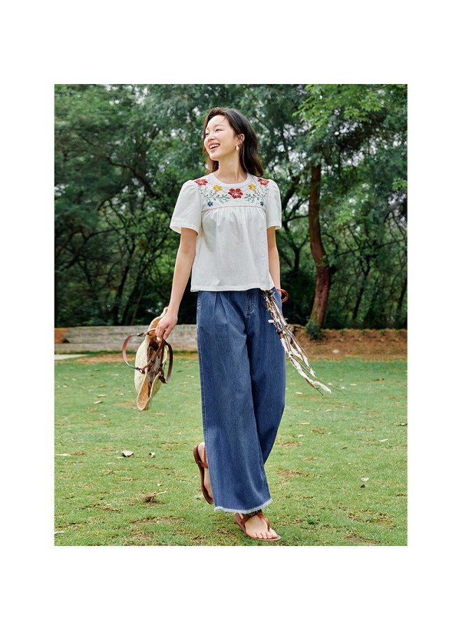 Inman Sweet Floral Embroidered Shirt Summer New Women's Light Wear Short Sleeve Doll Shirt Cloud White L - Image 2
