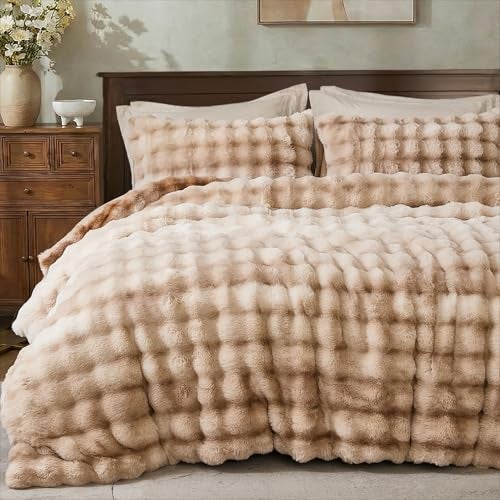 Bedbay Plush Rabbit Faux Fur Comforter Set Queen Size Tie Dyed Brown Fluffy Comforter Bed Set Luxury 3 Pcs Warm Shaggy Winter Comforter Queen Size Soft Bubble Bedding Comforter Set for Teen Adults - Image 1