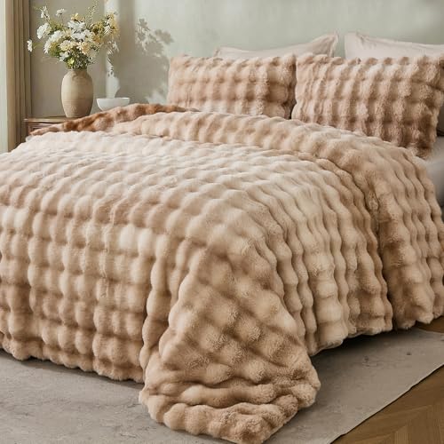 Bedbay Plush Rabbit Faux Fur Comforter Set Queen Size Tie Dyed Brown Fluffy Comforter Bed Set Luxury 3 Pcs Warm Shaggy Winter Comforter Queen Size Soft Bubble Bedding Comforter Set for Teen Adults - Image 5