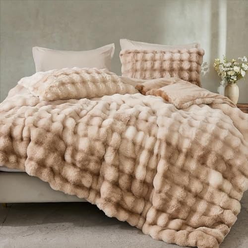 Bedbay Plush Rabbit Faux Fur Comforter Set Queen Size Tie Dyed Brown Fluffy Comforter Bed Set Luxury 3 Pcs Warm Shaggy Winter Comforter Queen Size Soft Bubble Bedding Comforter Set for Teen Adults - Image 4