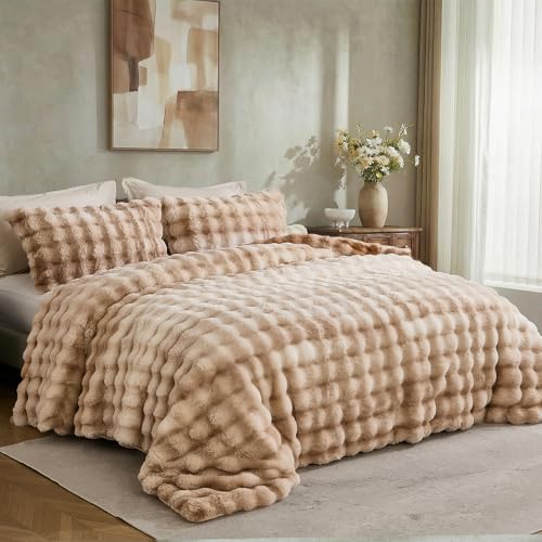 Bedbay Plush Rabbit Faux Fur Comforter Set Queen Size Tie Dyed Brown Fluffy Comforter Bed Set Luxury 3 Pcs Warm Shaggy Winter Comforter Queen Size Soft Bubble Bedding Comforter Set for Teen Adults - Image 2