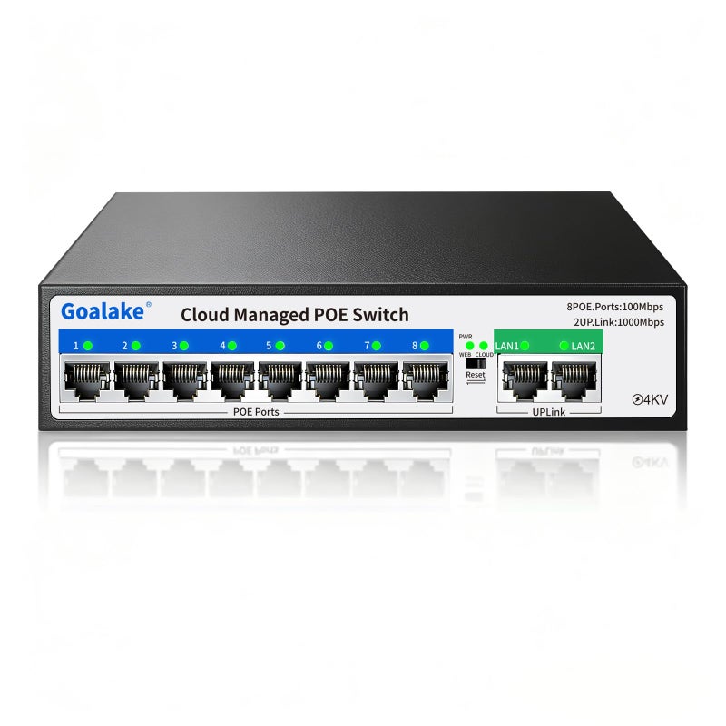 Goalake 10-Port PoE Switch (8 PoE Ports@120W Built-in Power, 2 Uplink) with Extend Function, Managed Ethernet Switch, Plug & Play, Fanless Metal Design, VLAN, QoS, Desktop/Wall Mount - Image 1
