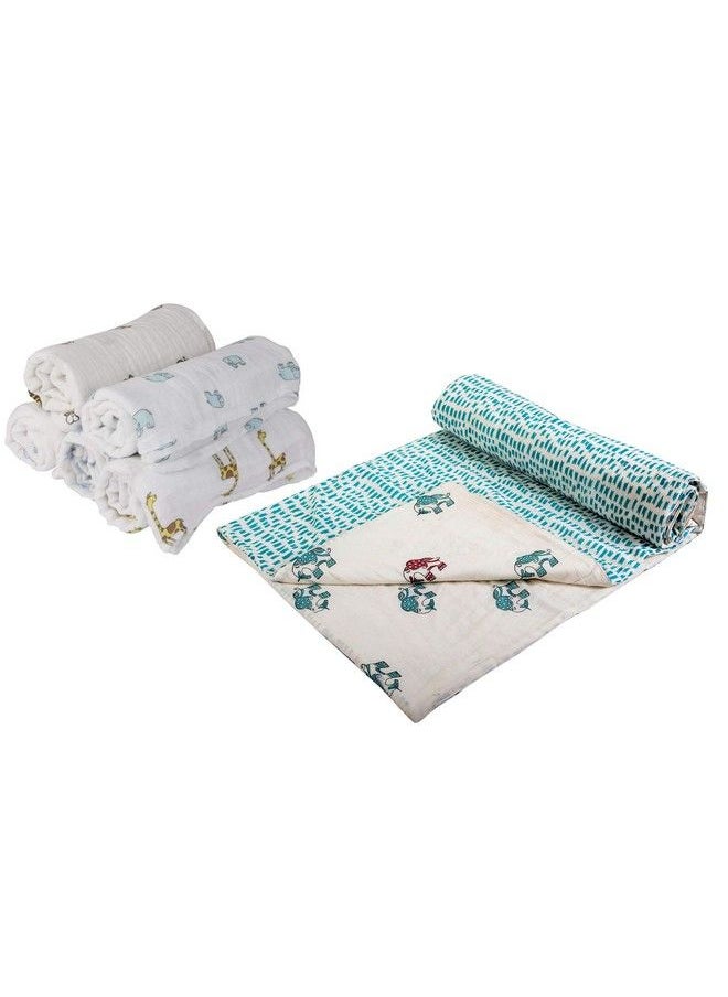 MOM'S HOME Organic Cotton Baby Gift Pack Pack Of 3 Muslin(Mix Designs) And 1 Quilted Blanket(Any Design)  - Image 1
