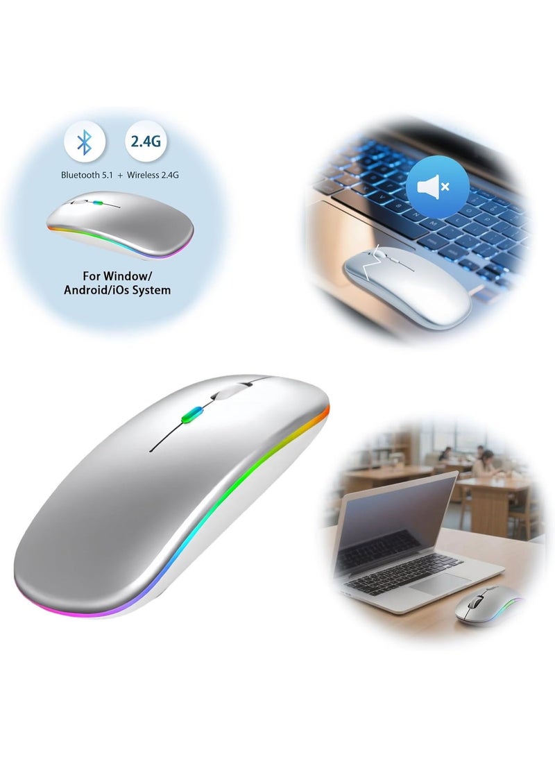 لياوسيسي ماوس بلوتوث مزدوج الوضع BT 5.1 + 2.4 جيجاهرتز لاسلكي صامت مع محول USB-C، نقرات صامتة، قابل للشحن عبر USB، زر كتم الصوت، 3 مستويات DPI قابلة للتعديل، مناسب لـ MacBook Pro/Air/Mac/iPad/Chromebook/الكمبيوتر، لون فضي - Image 2