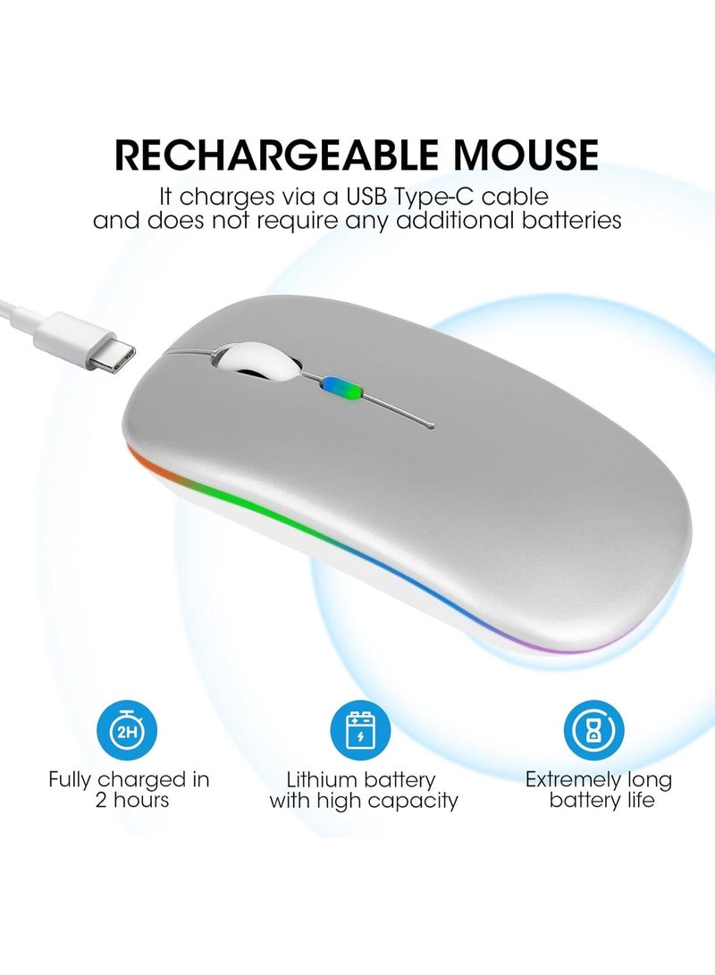 لياوسيسي ماوس بلوتوث مزدوج الوضع BT 5.1 + 2.4 جيجاهرتز لاسلكي صامت مع محول USB-C، نقرات صامتة، قابل للشحن عبر USB، زر كتم الصوت، 3 مستويات DPI قابلة للتعديل، مناسب لـ MacBook Pro/Air/Mac/iPad/Chromebook/الكمبيوتر، لون فضي - Image 3