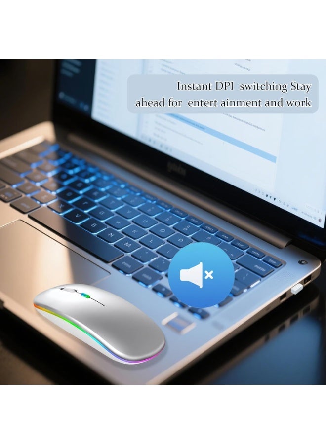 لياوسيسي ماوس بلوتوث مزدوج الوضع BT 5.1 + 2.4 جيجاهرتز لاسلكي صامت مع محول USB-C، نقرات صامتة، قابل للشحن عبر USB، زر كتم الصوت، 3 مستويات DPI قابلة للتعديل، مناسب لـ MacBook Pro/Air/Mac/iPad/Chromebook/الكمبيوتر، لون فضي - Image 5