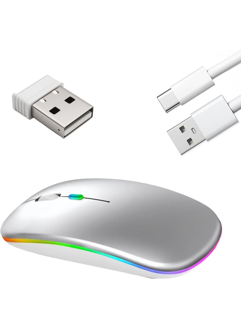 لياوسيسي ماوس بلوتوث مزدوج الوضع BT 5.1 + 2.4 جيجاهرتز لاسلكي صامت مع محول USB-C، نقرات صامتة، قابل للشحن عبر USB، زر كتم الصوت، 3 مستويات DPI قابلة للتعديل، مناسب لـ MacBook Pro/Air/Mac/iPad/Chromebook/الكمبيوتر، لون فضي - Image 1