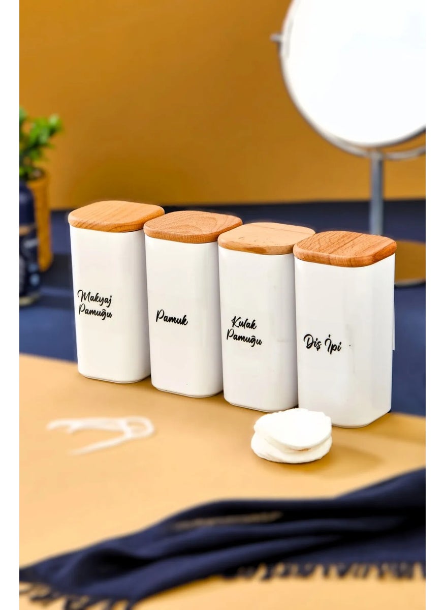 Fbz Home 4-Piece Wooden Cover Acrylic Dental Floss & Cotton Buds & Cotton & Makeup Cotton Bathroom Set 300 ml  - Image 1