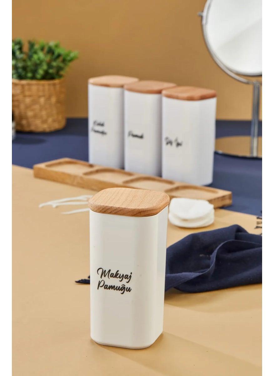 Fbz Home 4-Piece Wooden Cover Acrylic Dental Floss & Cotton Buds & Cotton & Makeup Cotton Bathroom Set 300 ml  - Image 2