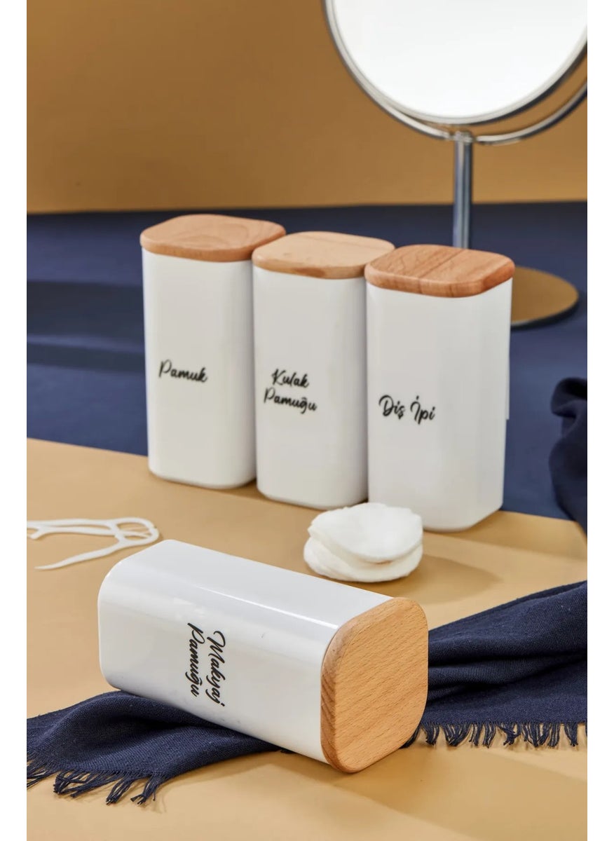 Fbz Home 4-Piece Wooden Cover Acrylic Dental Floss & Cotton Buds & Cotton & Makeup Cotton Bathroom Set 300 ml  - Image 3