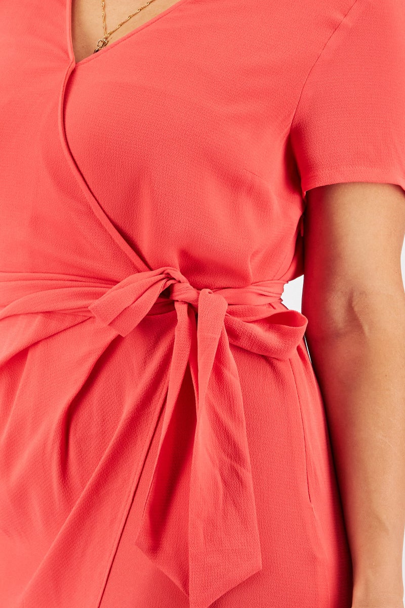 IKKS فستان ملفوف برباط خصر منسوج للنساء، وردي داكن - Image 3