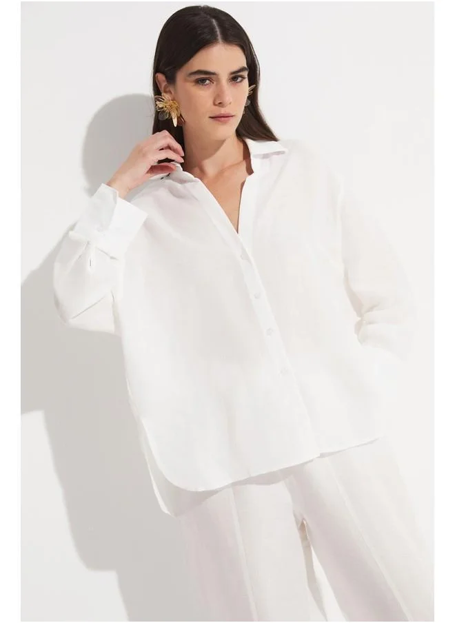 جون June Women Linen Blend Shirt Trouser Set White