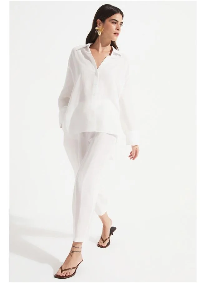 جون June Women Linen Blend Shirt Trouser Set White