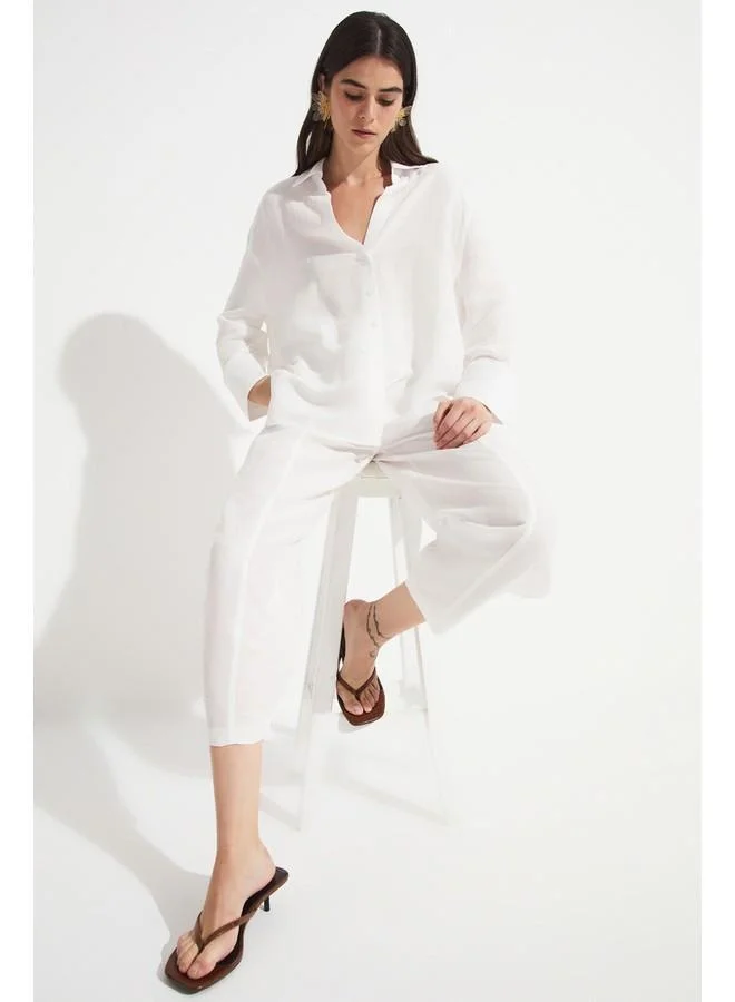JUNE June Women Linen Blend Shirt Trouser Set White