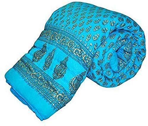 Lilfly Rajasthani Single Bed Soft Jaipuri AC Quilt Designer Sky Blue with Superior Jaipuri Gold Print Style Cotton Quilts Blankets for Home (Size 55X85 inch) Set of 1 razai - Image 1