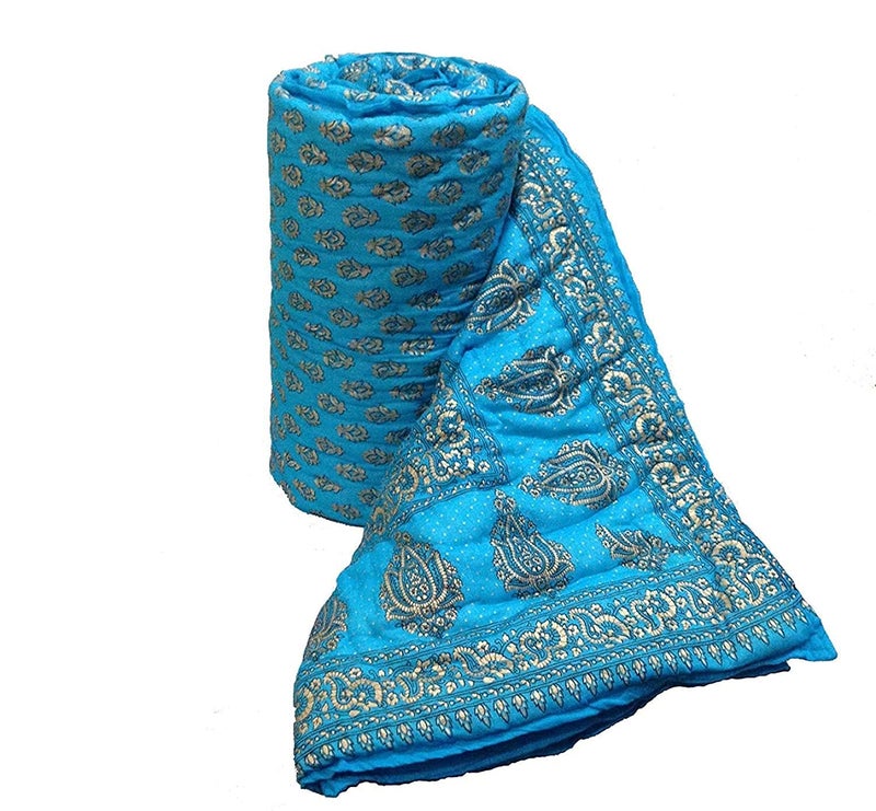 Lilfly Rajasthani Single Bed Soft Jaipuri AC Quilt Designer Sky Blue with Superior Jaipuri Gold Print Style Cotton Quilts Blankets for Home (Size 55X85 inch) Set of 1 razai - Image 2
