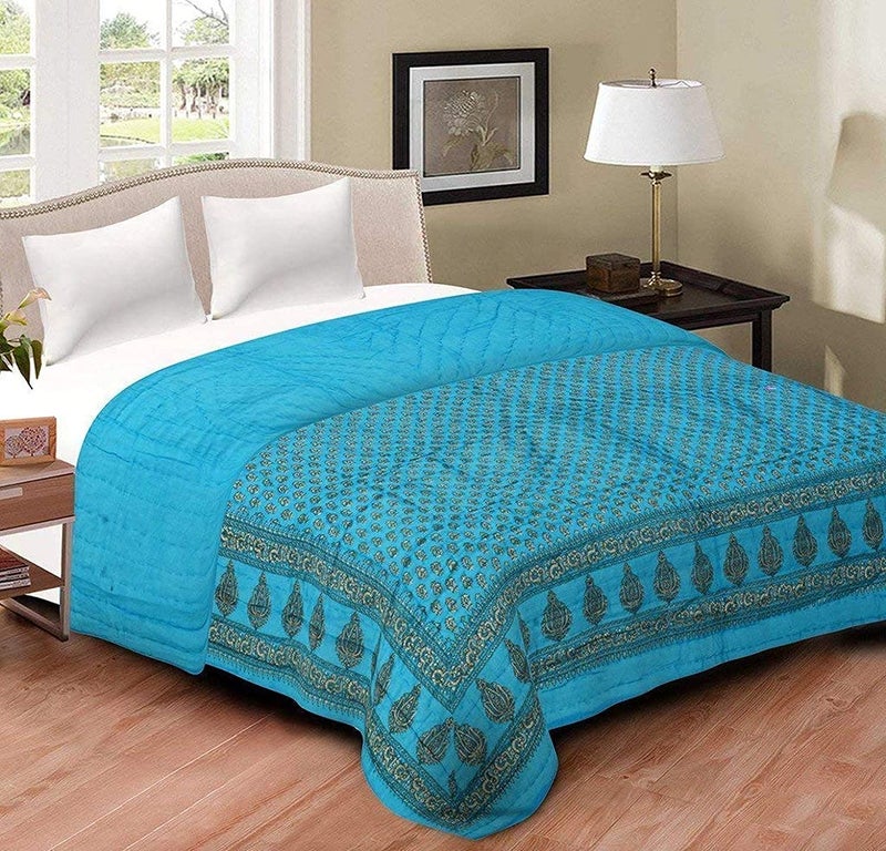 Lilfly Rajasthani Single Bed Soft Jaipuri AC Quilt Designer Sky Blue with Superior Jaipuri Gold Print Style Cotton Quilts Blankets for Home (Size 55X85 inch) Set of 1 razai - Image 3
