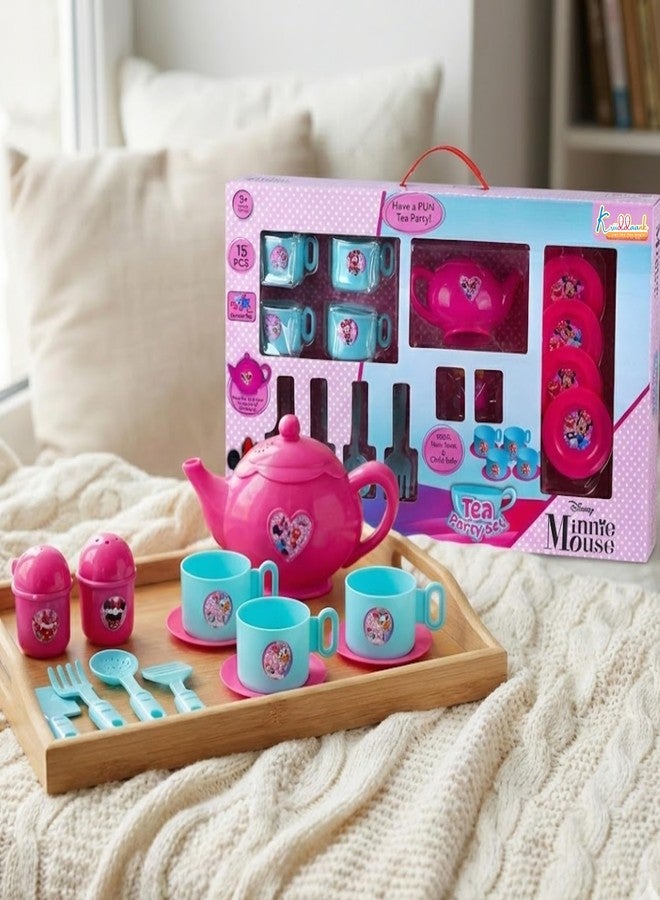 Kriiddaank Minnie Mouse 15-Piece Tea Party Set for Kids - Pretend Play Kitchen Toy with Electronic Kettle, Realistic Boiling Sounds & Lights - Safe, Non-Toxic Birthday Gift for Girls & Boys, Ages 3+ - Image 1