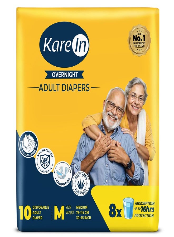 KareIn Overnight Adult Diaper Tape M Size, Medium, Waist (76-114 cm 30'-45'), 10 Unit, Long Protection Hour, Unisex, Quick & Even Absorption, Aloe Vera, Leakproof, Odour Control, Wetness Indicator - Image 1
