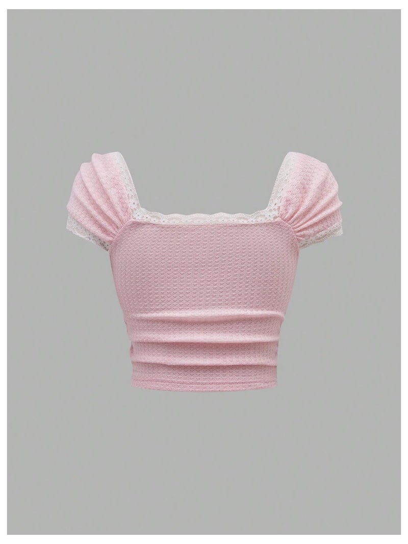 Verdusa Women's Cute Going Out Tops Coquette Crop Tops Bow Square Neck T Shirt Pink Medium - Image 2