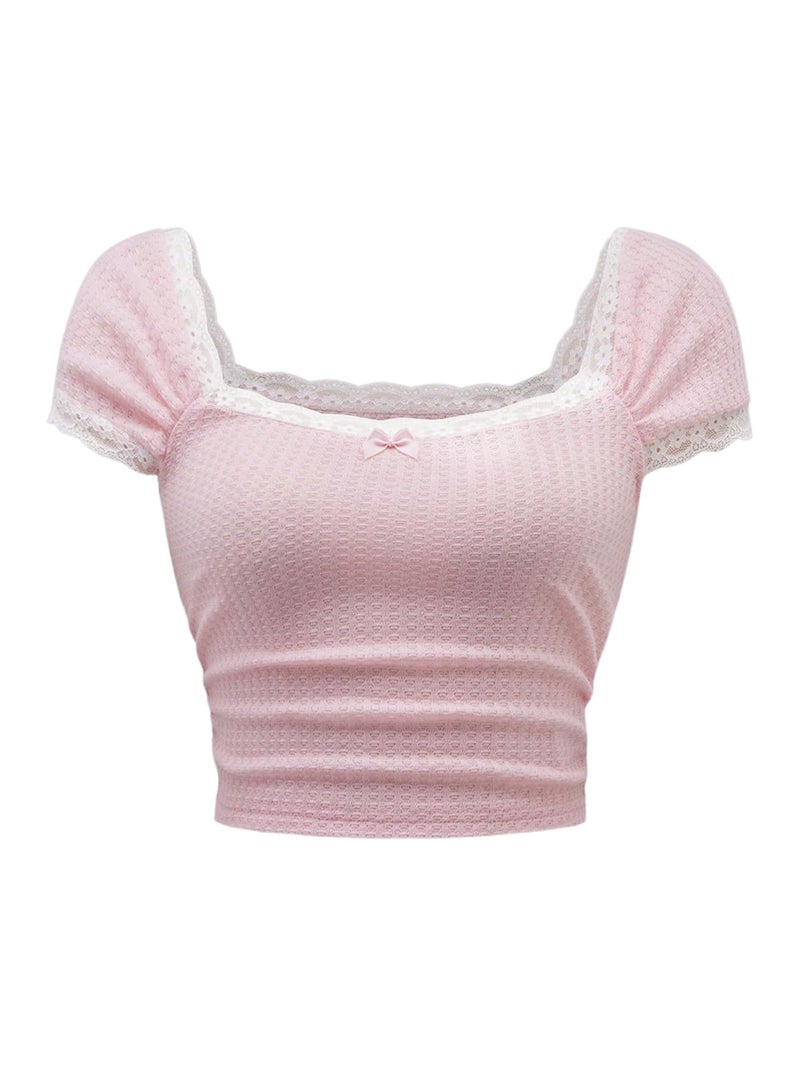 Verdusa Women's Cute Going Out Tops Coquette Crop Tops Bow Square Neck T Shirt Pink Medium - Image 1