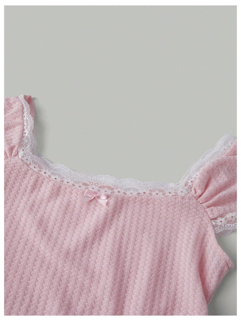 Verdusa Women's Cute Going Out Tops Coquette Crop Tops Bow Square Neck T Shirt Pink Medium - Image 3
