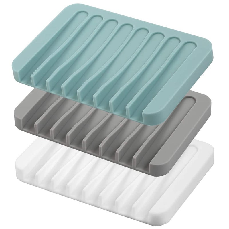 MODENGKONGJIAN Self Draining Soap Dishes, 3 Pcs Silicone Soap Saver, Waterfall Drainer Soap Holder for Bathroom, Extend Soap Life, Keep Soap Bars Dry Clean & Easy Cleaning (White, Gray, Teal) - Image 1