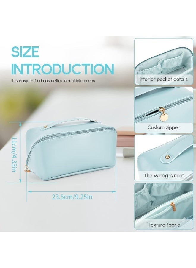 Large Capacity Travel Cosmetic Bag, Multifunctional Storage Makeup Bag PU Leather Makeup Bag, with Handle and Divider Travel Cosmetic Bags for Women (Light Blue) - Image 4
