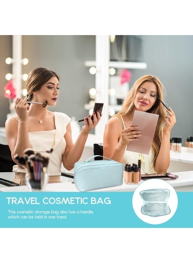 Large Capacity Travel Cosmetic Bag, Multifunctional Storage Makeup Bag PU Leather Makeup Bag, with Handle and Divider Travel Cosmetic Bags for Women (Light Blue) - Image 5