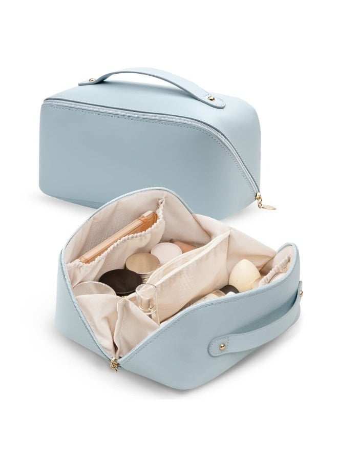 Large Capacity Travel Cosmetic Bag, Multifunctional Storage Makeup Bag PU Leather Makeup Bag, with Handle and Divider Travel Cosmetic Bags for Women (Light Blue) - Image 2