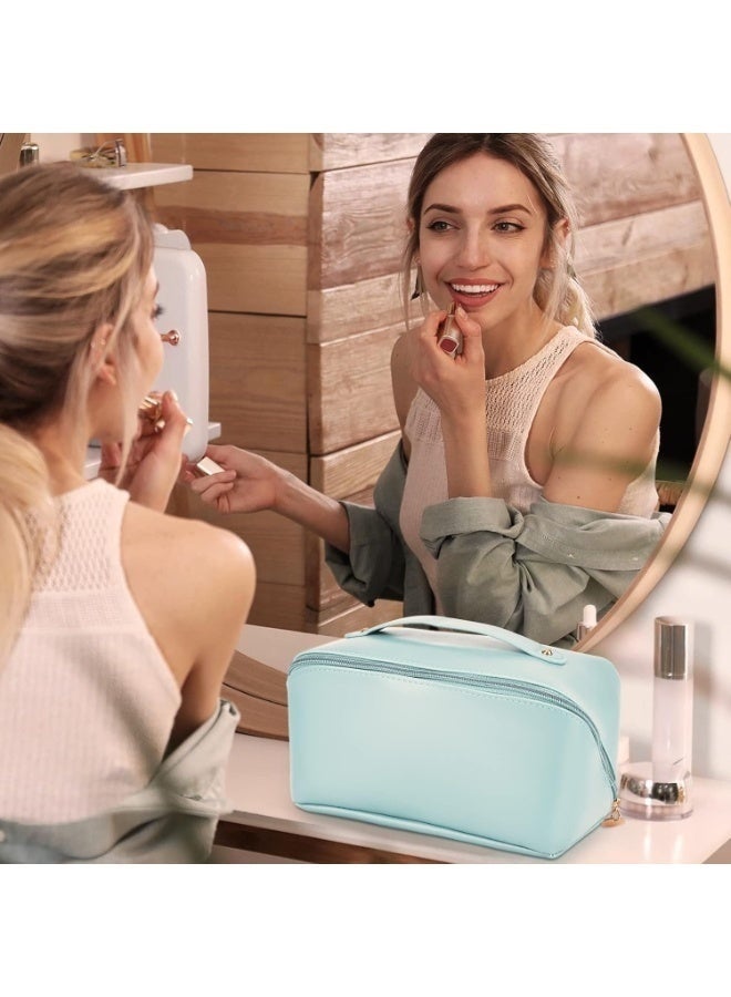 Large Capacity Travel Cosmetic Bag, Multifunctional Storage Makeup Bag PU Leather Makeup Bag, with Handle and Divider Travel Cosmetic Bags for Women (Light Blue) - Image 3