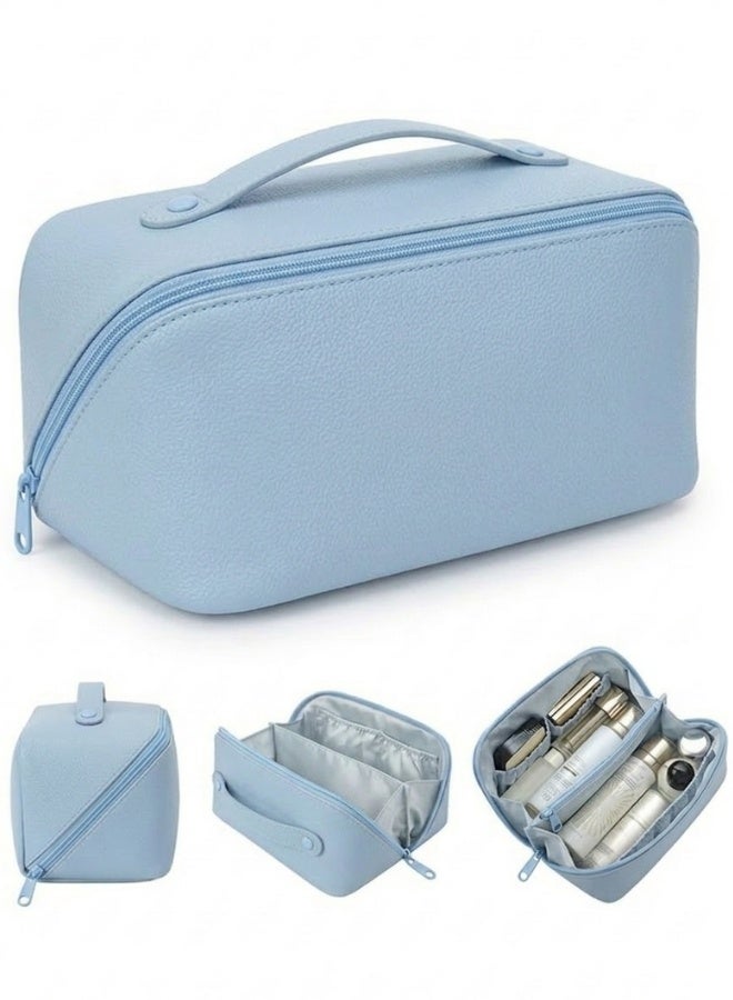 Large Capacity Travel Cosmetic Bag, Multifunctional Storage Makeup Bag PU Leather Makeup Bag, with Handle and Divider Travel Cosmetic Bags for Women (Light Blue) - Image 1