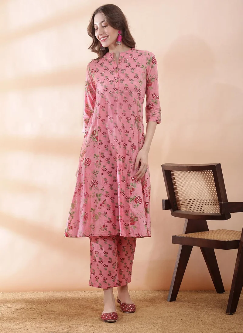 جلو باص Globus Women Pink All Over Floral Print Mandarin Collar Panelled Mirror Work A-line Kurta With Pant Set