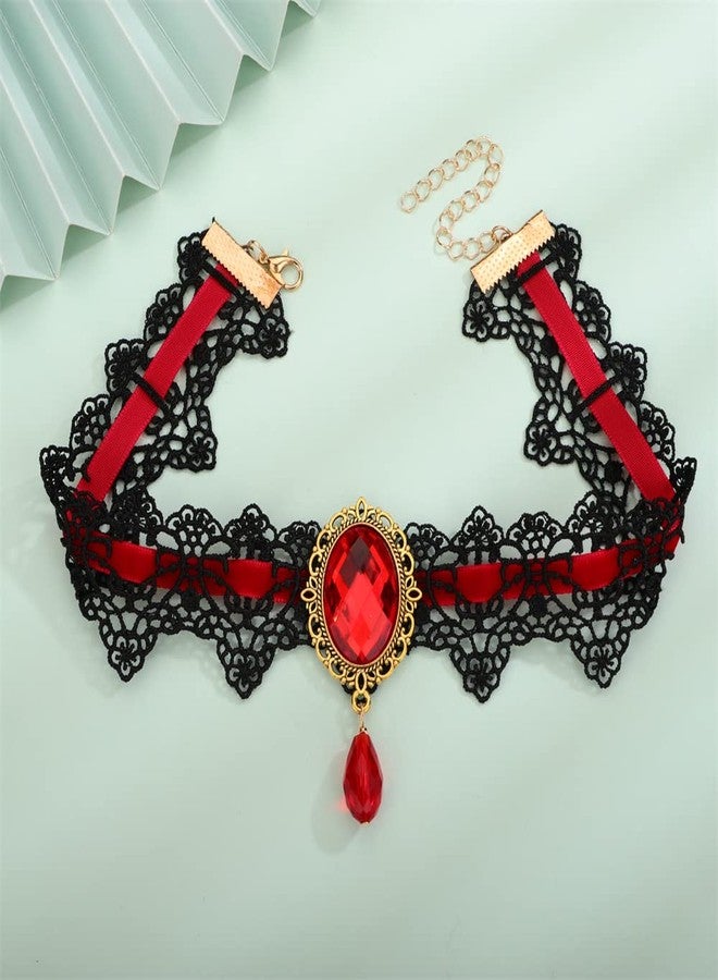 سيثر قلادة سيثر النسائية للهالوين، قلادة كريستالية سوداء من الدانتيل القوطي، مناسبة لحفلات الهالوين التنكرية، قلادة مصاص الدماء كهدية (أحمر) - Image 4