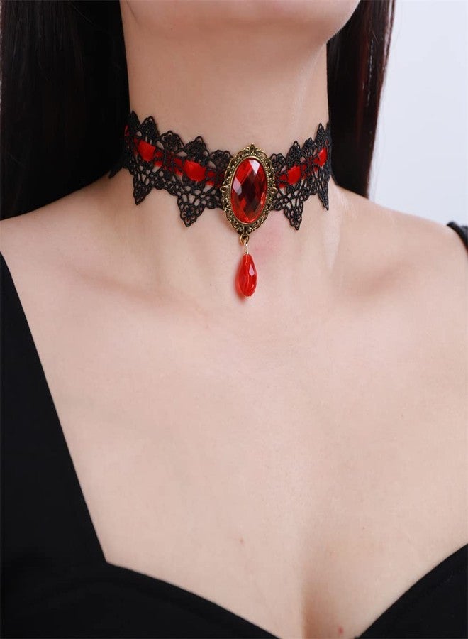 سيثر قلادة سيثر النسائية للهالوين، قلادة كريستالية سوداء من الدانتيل القوطي، مناسبة لحفلات الهالوين التنكرية، قلادة مصاص الدماء كهدية (أحمر) - Image 3