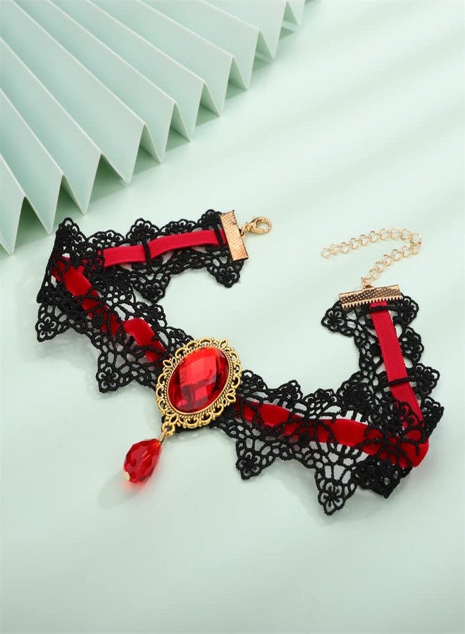 سيثر قلادة سيثر النسائية للهالوين، قلادة كريستالية سوداء من الدانتيل القوطي، مناسبة لحفلات الهالوين التنكرية، قلادة مصاص الدماء كهدية (أحمر) - Image 5