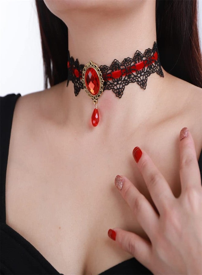 سيثر قلادة سيثر النسائية للهالوين، قلادة كريستالية سوداء من الدانتيل القوطي، مناسبة لحفلات الهالوين التنكرية، قلادة مصاص الدماء كهدية (أحمر) - Image 2
