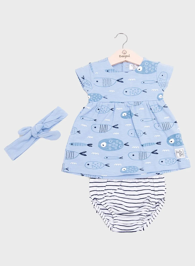 Babybol Infant Printed Dress And Headband & Knicker Set
