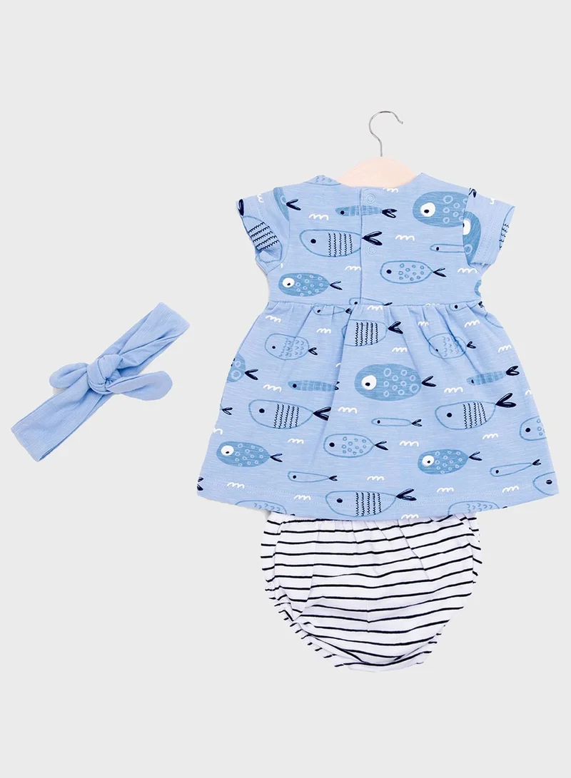 Babybol Infant Printed Dress And Headband & Knicker Set