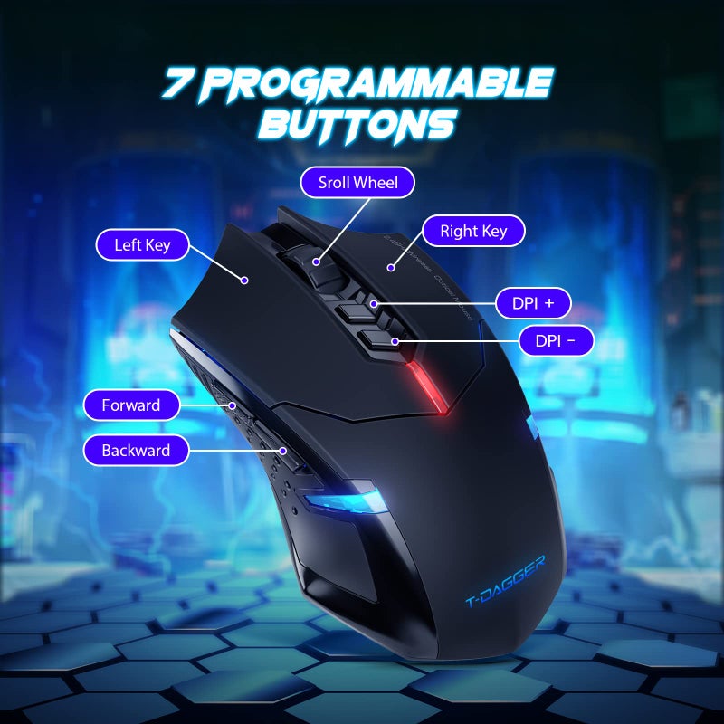 T-DAGGER Wireless Gaming Mouse- USB Cordless PC Accessories Computer Mice with LED Backlit, Ergonomic Gamer Laptop Mouse with 7 Silent Buttons, 5 Adjustable DPI Plug & Play for PC - Image 3
