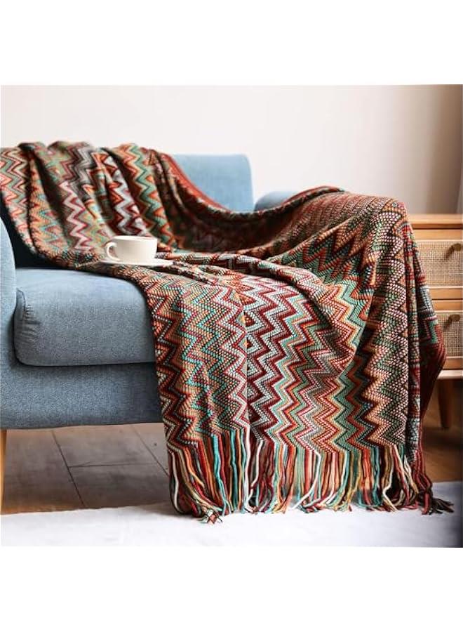 HOOKOR Bohemian Boho Throw Blankets, Knitted with Tassel, Outdoor Reversible Soft Cozy Lightweight Throw Blankets, Couch Bed Sofa Decorative Throw Blanket (Red, 130x200CM) - Image 1