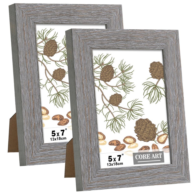CORE ART 5x7 Picture Frame Handmade Wood Rustic Gray Photo Frame Set of 2 High Definition Semitempered Glass Wall or Tabletop Display