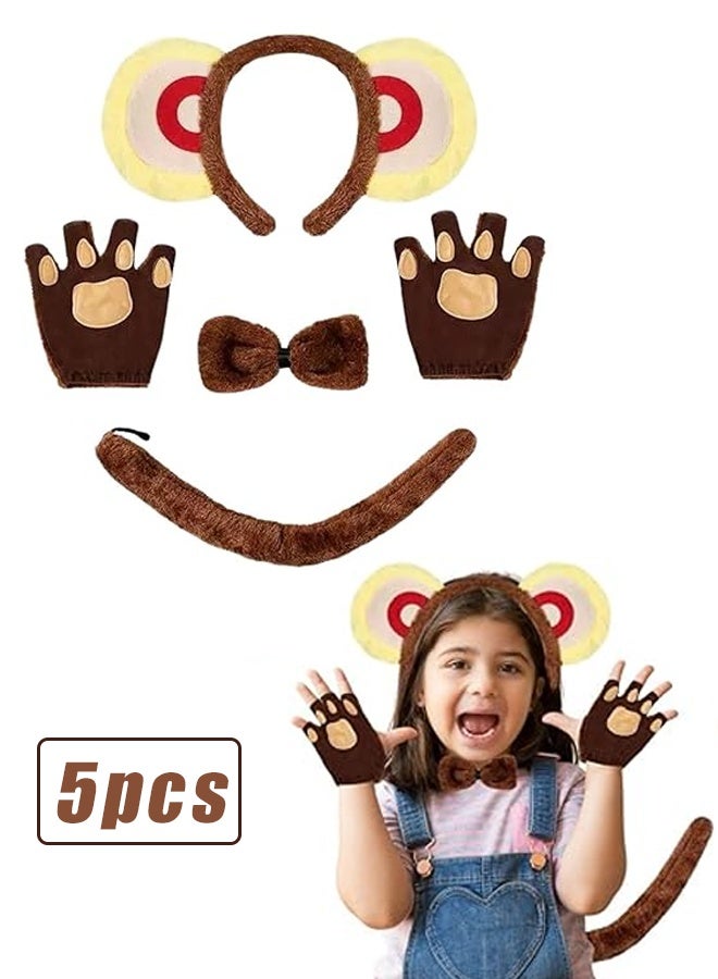 Halamodo 5 Pcs Monkey Costume Kit for Kids & Adults - Monkey Ears Hairband, Tail, Bowtie & Gloves for Halloween, Cosplay Parties, Stage Performances - Animal Dress-Up Accessories Set  for Theme Parties - Image 1