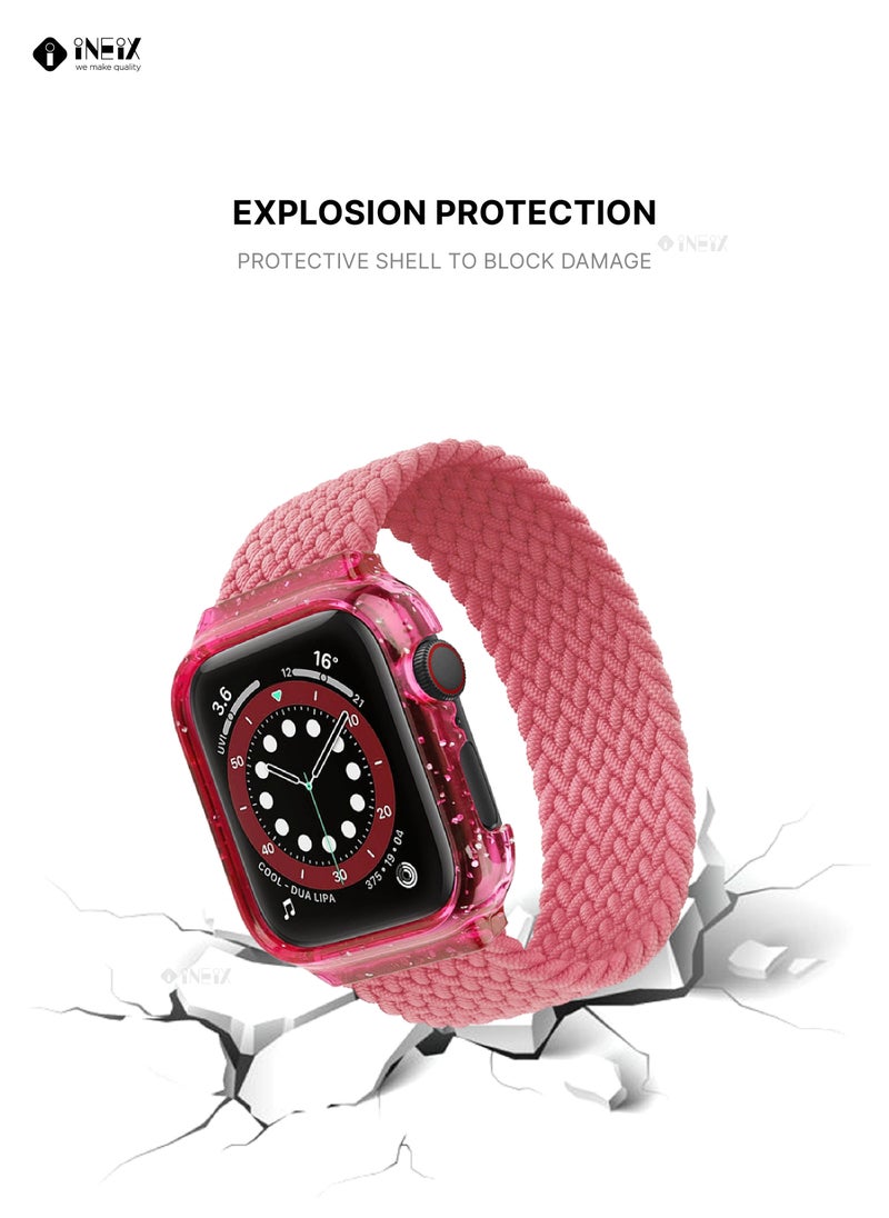 INEIX - Nylon Braided Solo Loop Replacement Strap With Glittering Case For Apple Watch 44 mm (160 mm Strap Length) - Pink - Image 1