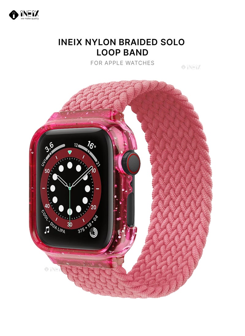 INEIX - Nylon Braided Solo Loop Replacement Strap With Glittering Case For Apple Watch 44 mm (160 mm Strap Length) - Pink - Image 1